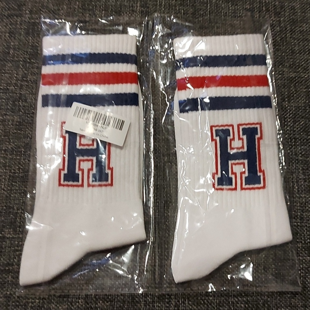 Initial H White Athletic Socks with Red and Blue Stripes